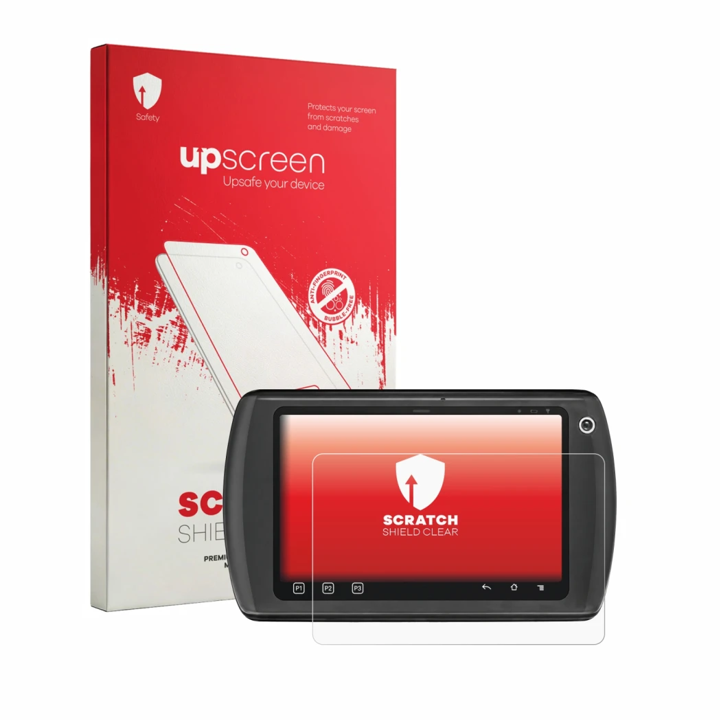 Parte frontal de un envase de producto con el logotipo de la marca upscreen. Al lado se muestra el dispositivo Zebra ET1 con s