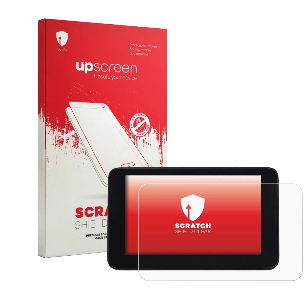 Parte frontal de un envase de producto con el logotipo de la marca upscreen. Al lado se muestra el dispositivo QJ Motor SRT 90