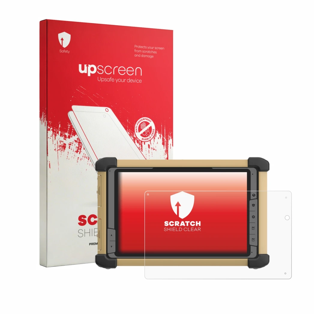 Parte frontal de un envase de producto con el logotipo de la marca upscreen. Al lado se muestra el dispositivo DT Research DT3