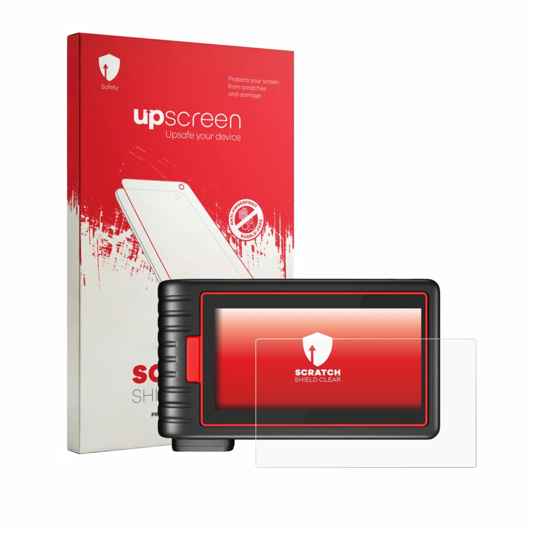 Parte frontal de un envase de producto con el logotipo de la marca upscreen. Al lado se muestra el dispositivo KINGBOLEN S6 co