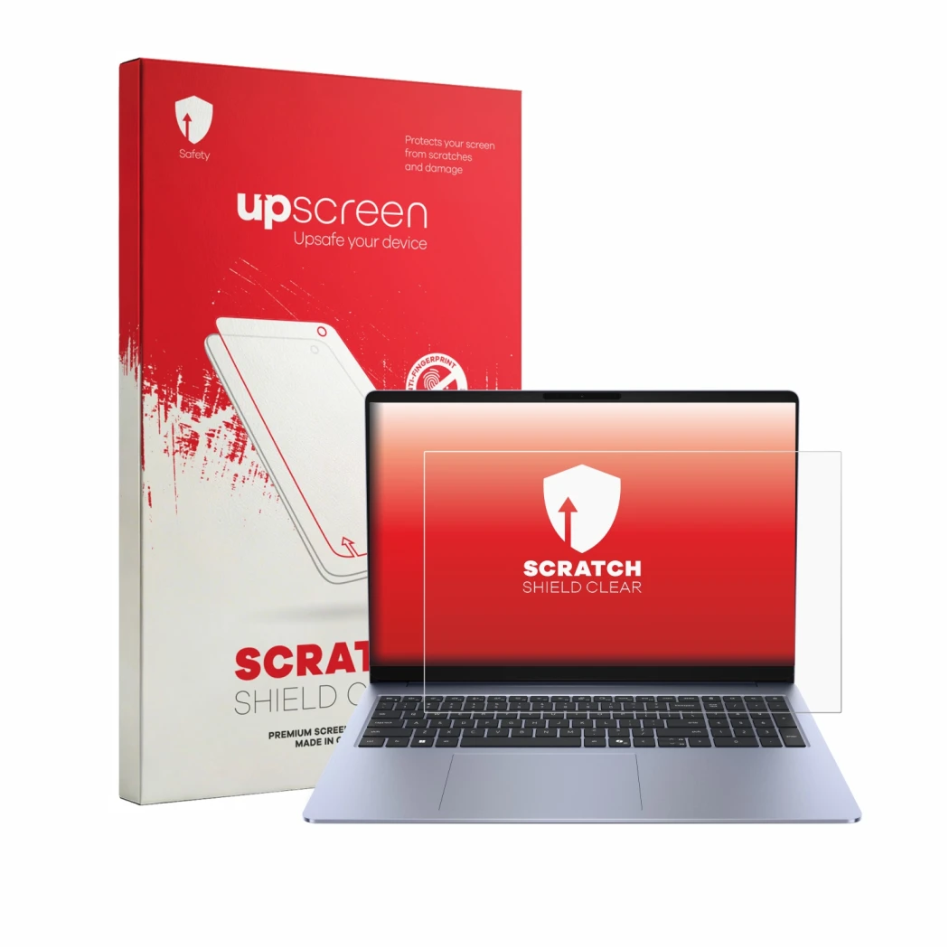 Parte frontal de un envase de producto con el logotipo de la marca upscreen. Al lado se muestra el dispositivo Dell 16S con su