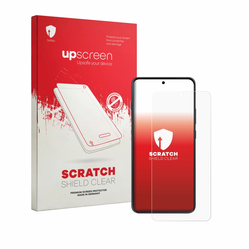 Parte frontal de un envase de producto con el logotipo de la marca upscreen. Al lado se muestra el dispositivo Motorola Edge 7