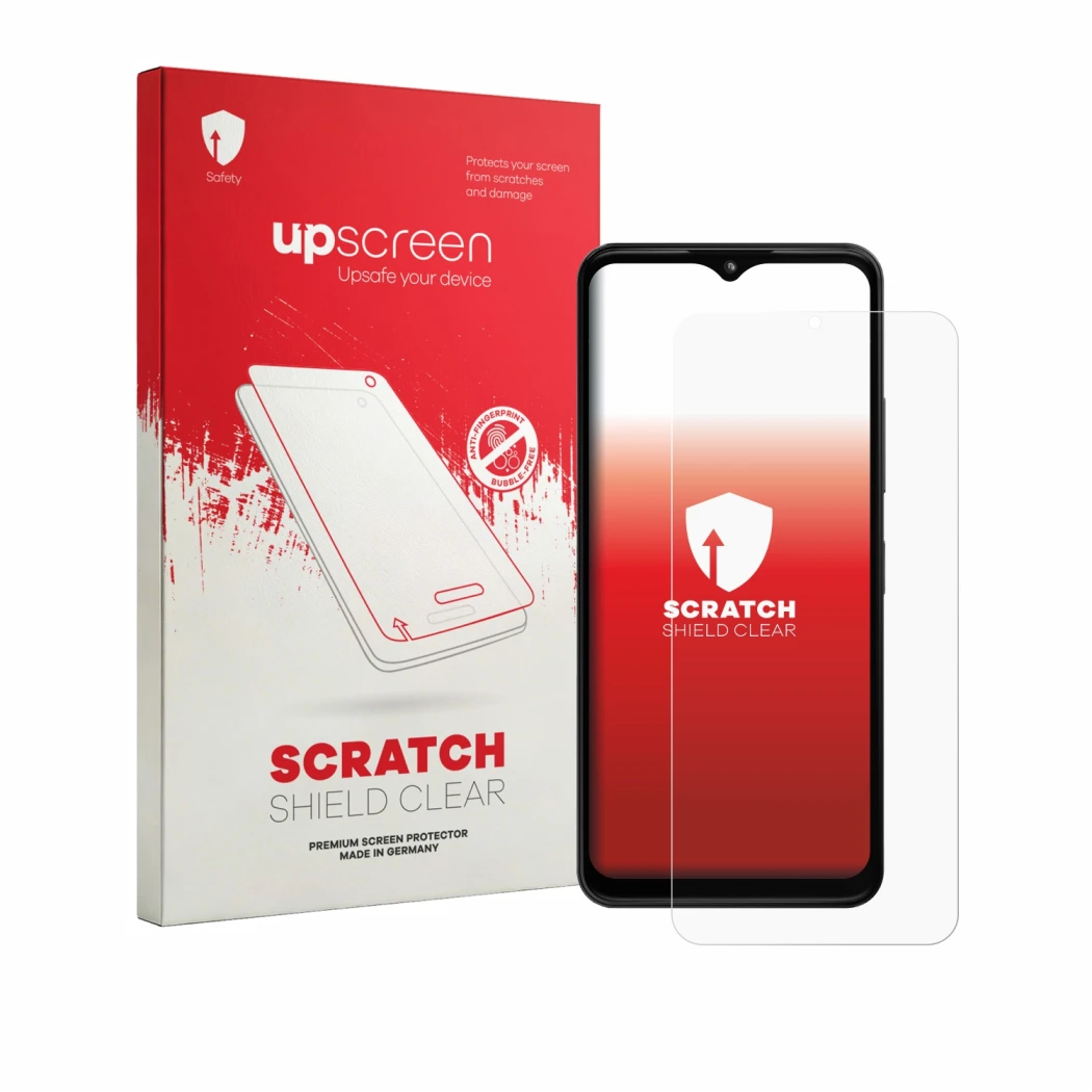 Parte frontal de un envase de producto con el logotipo de la marca upscreen. Al lado se muestra el dispositivo HMD Arc con su