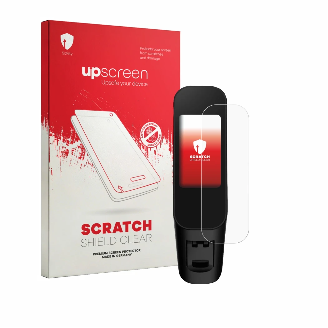 Parte frontal de un envase de producto con el logotipo de la marca upscreen. Al lado se muestra el dispositivo Xiaomi Electric