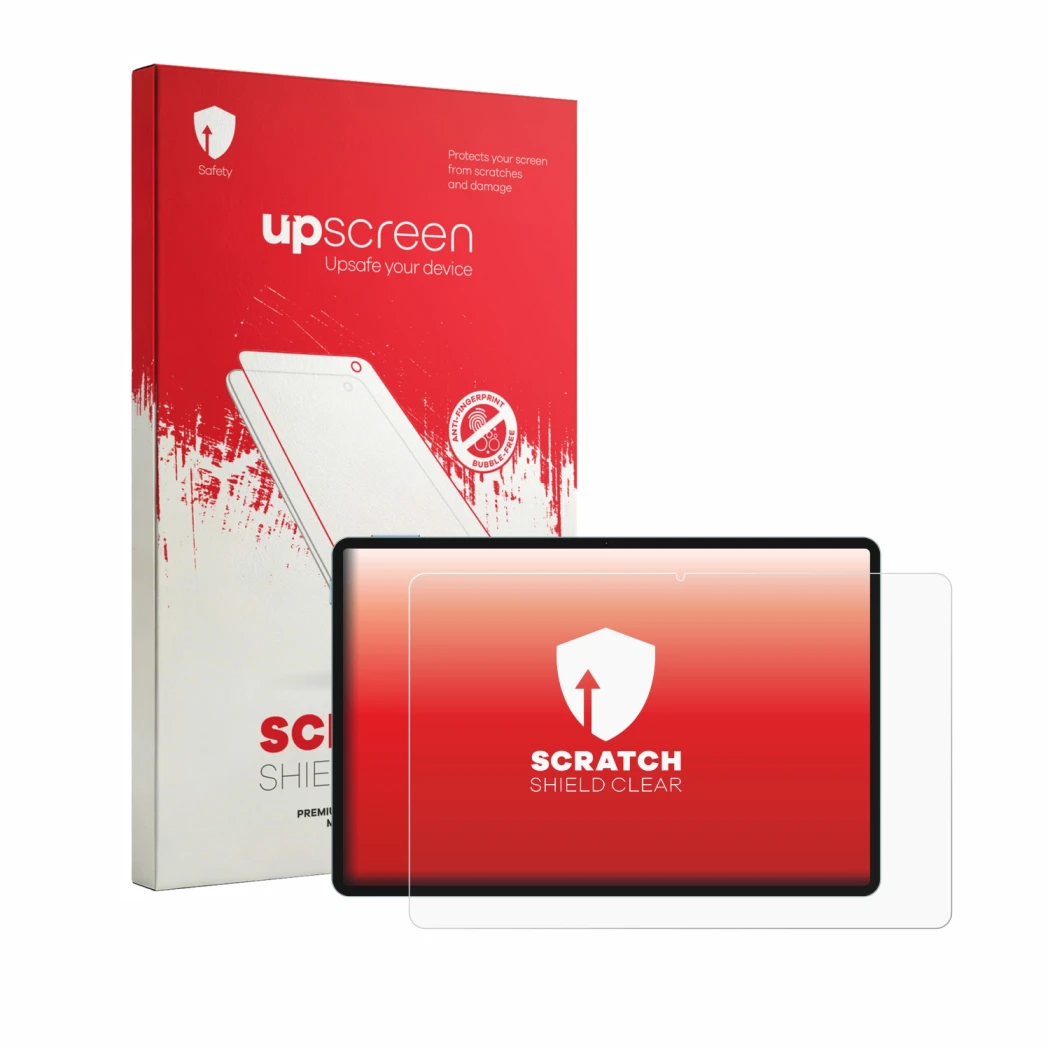 Parte frontal de un envase de producto con el logotipo de la marca upscreen. Al lado se muestra el dispositivo Teclast P50 202