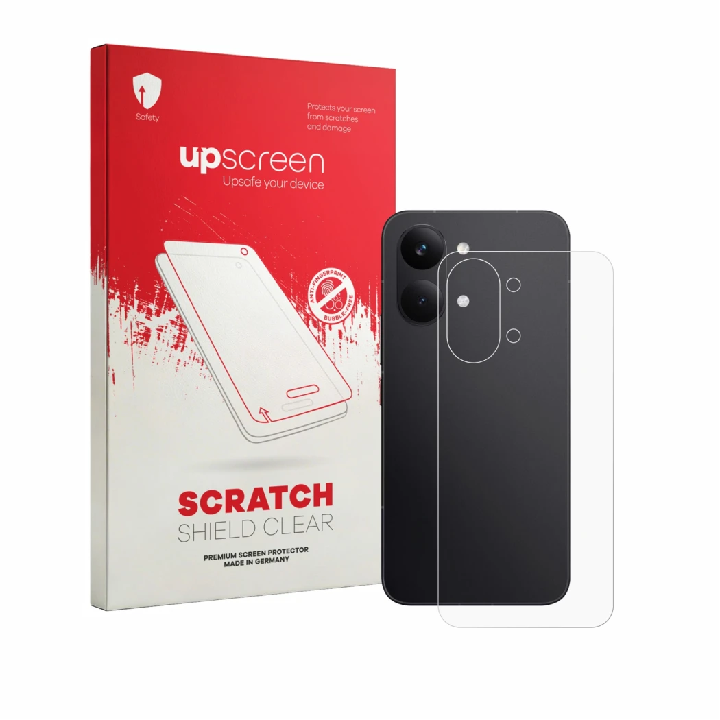 Parte frontal de un envase de producto con el logotipo de la marca upscreen. Al lado se muestra el dispositivo Xiaomi Poco X8