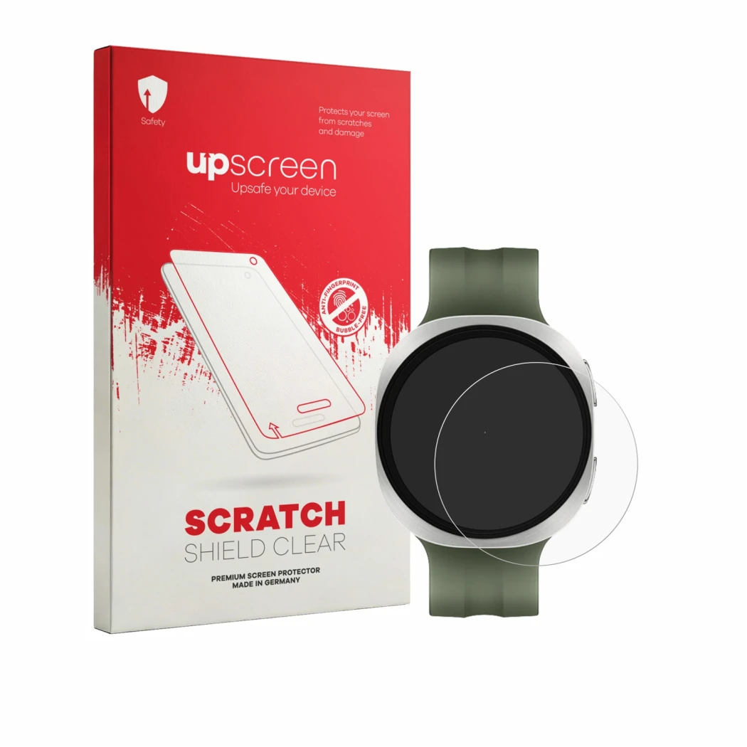 Parte frontal de un envase de producto con el logotipo de la marca upscreen. Al lado se muestra el dispositivo Samsung Galaxy 