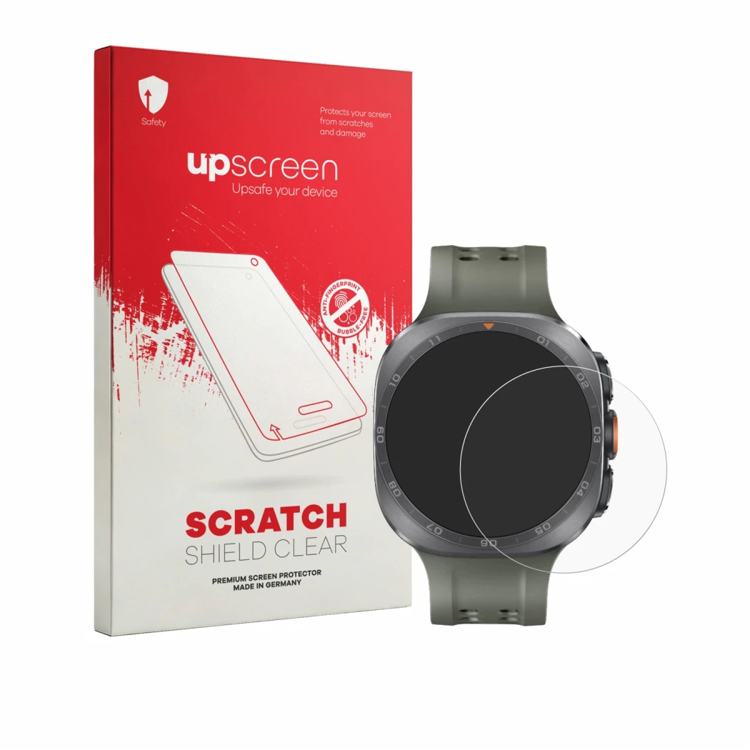 Parte frontal de un envase de producto con el logotipo de la marca upscreen. Al lado se muestra el dispositivo Samsung Galaxy