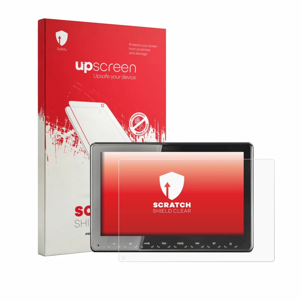 Parte frontal de un envase de producto con el logotipo de la marca upscreen. Al lado se muestra el dispositivo Zenec Z-N975 co