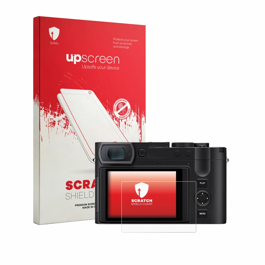 Parte frontal de un envase de producto con el logotipo de la marca upscreen. Al lado se muestra el dispositivo Leica Q3 Monoch