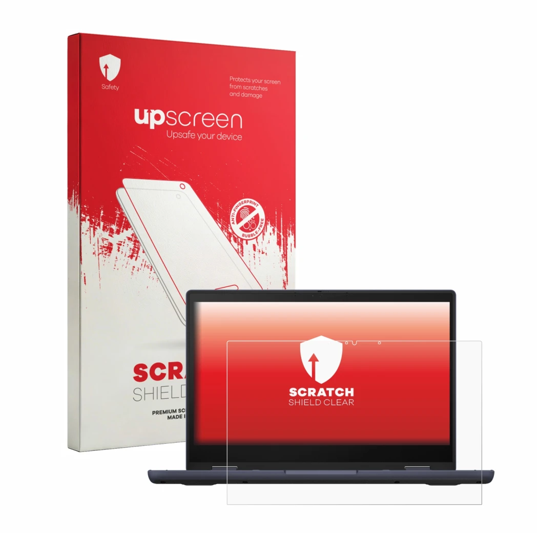 Parte frontal de un envase de producto con el logotipo de la marca upscreen. Al lado se muestra el dispositivo ASUS ExpertBook