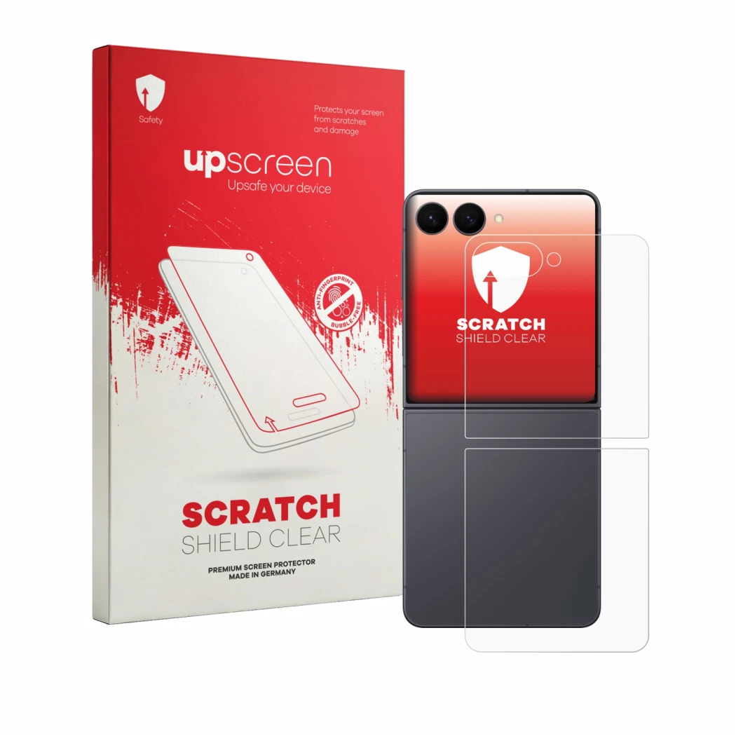 Parte frontal de un envase de producto con el logotipo de la marca upscreen. Al lado se muestra el dispositivo Samsung Galaxy