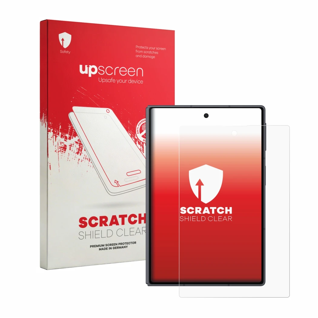 Parte frontal de un envase de producto con el logotipo de la marca upscreen. Al lado se muestra el dispositivo Samsung Galaxy