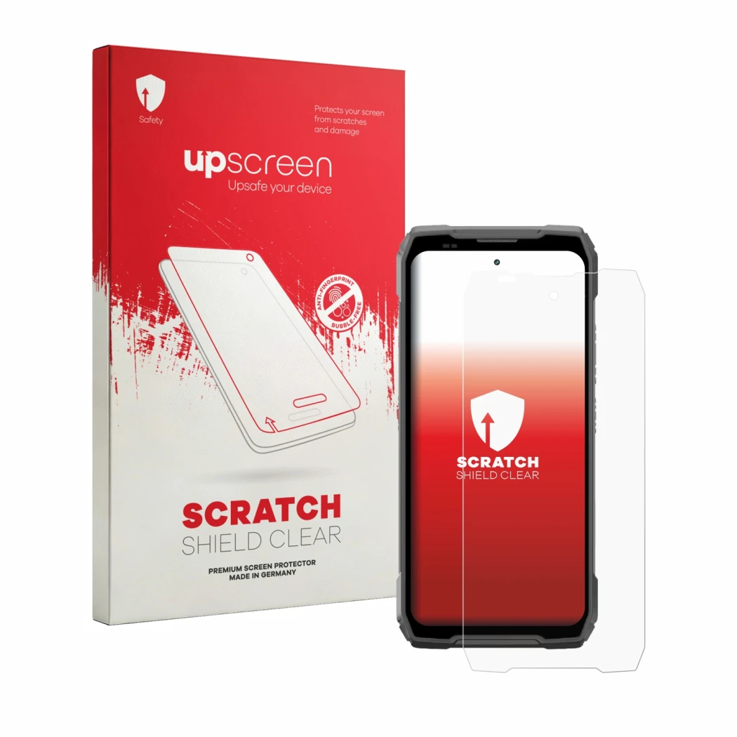 Parte frontal de un envase de producto con el logotipo de la marca upscreen. Al lado se muestra el dispositivo Blackview Xplor
