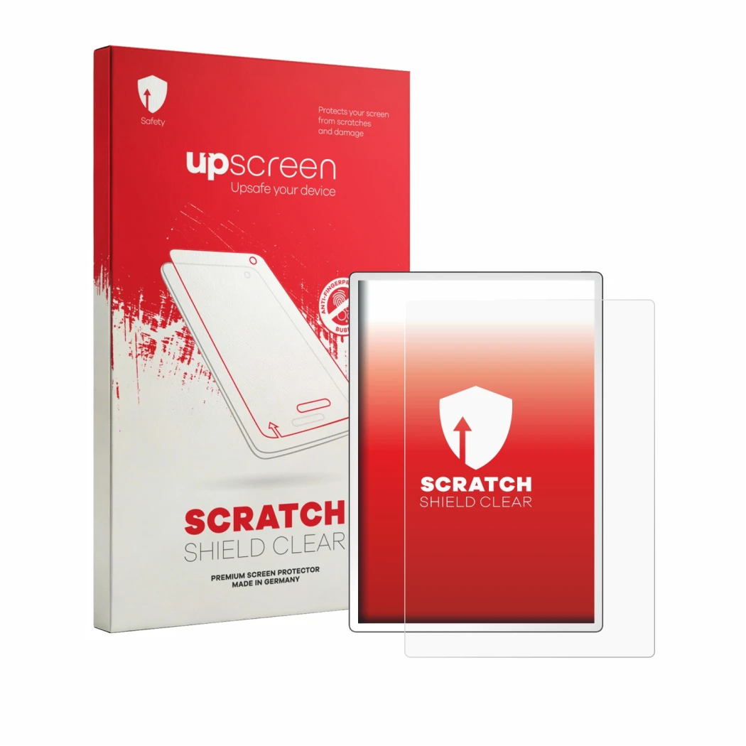 Parte frontal de un envase de producto con el logotipo de la marca upscreen. Al lado se muestra el dispositivo PocketBook InkP