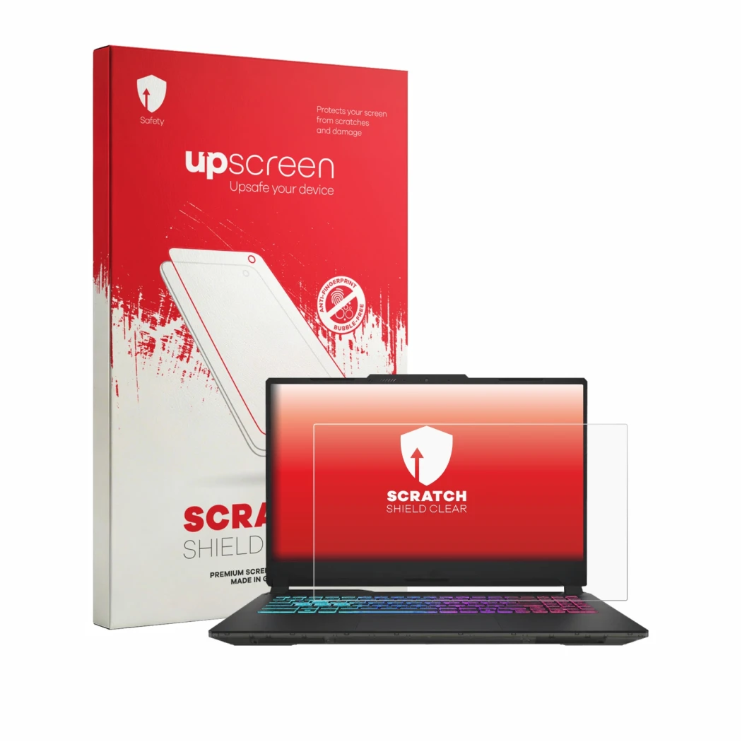 Parte frontal de un envase de producto con el logotipo de la marca upscreen. Al lado se muestra el dispositivo MSI Cyborg 15 A