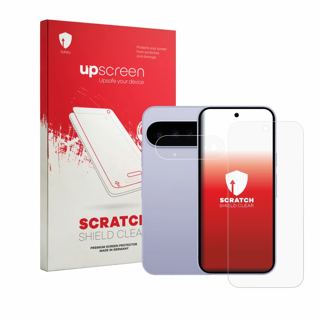 Parte frontal de un envase de producto con el logotipo de la marca upscreen. Al lado se muestra el dispositivo Google Pixel 11