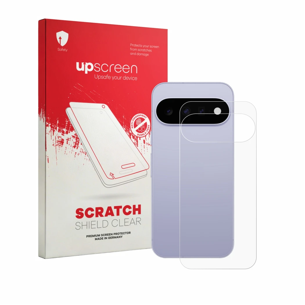 Parte frontal de un envase de producto con el logotipo de la marca upscreen. Al lado se muestra el dispositivo Google Pixel 11