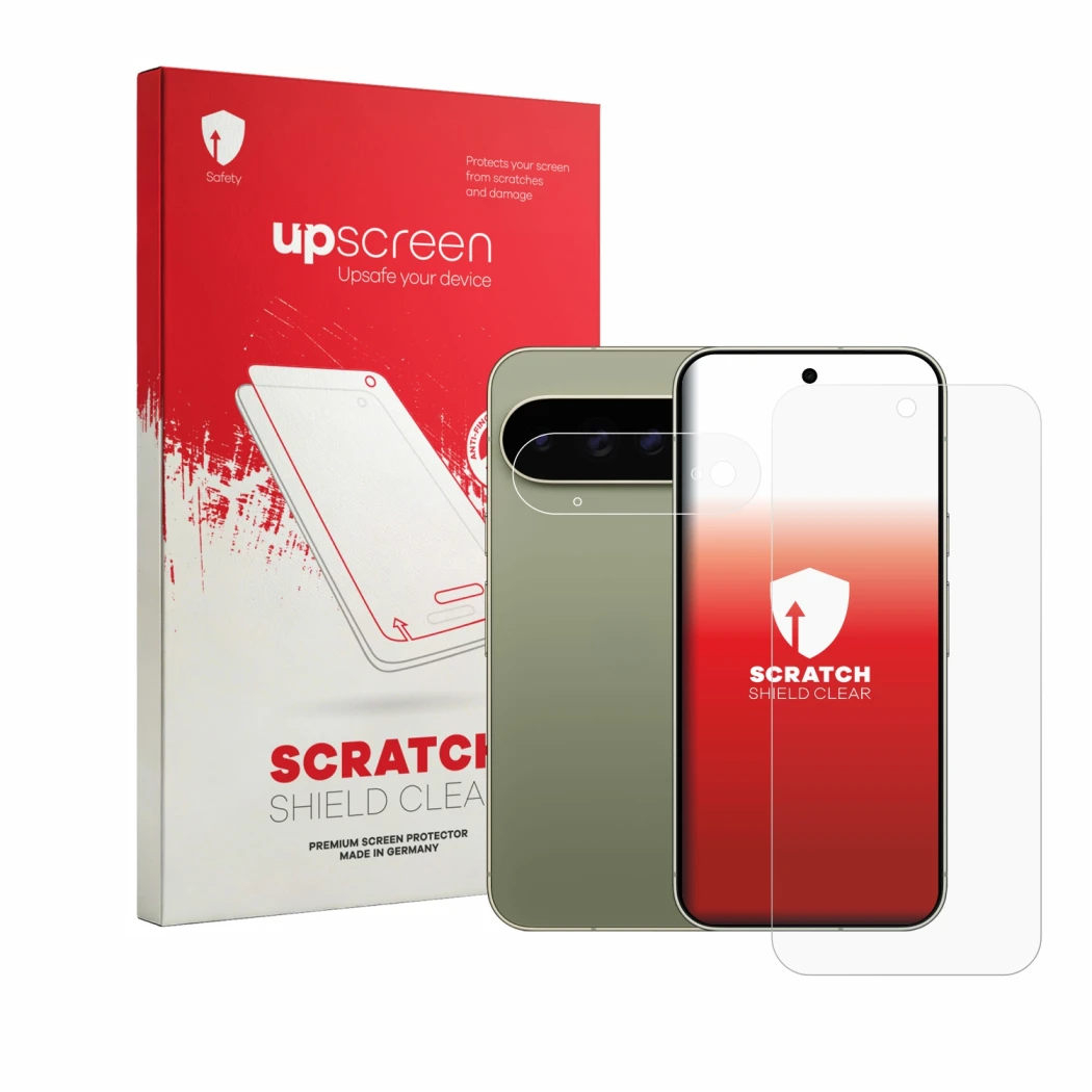 Parte frontal de un envase de producto con el logotipo de la marca upscreen. Al lado se muestra el dispositivo Google Pixel 11