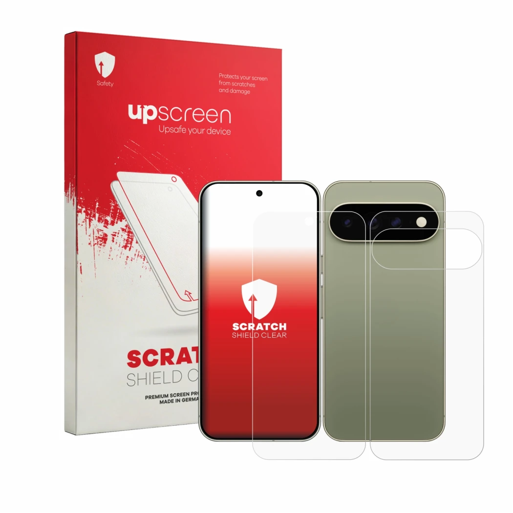 Parte frontal de un envase de producto con el logotipo de la marca upscreen. Al lado se muestra el dispositivo Google Pixel 11