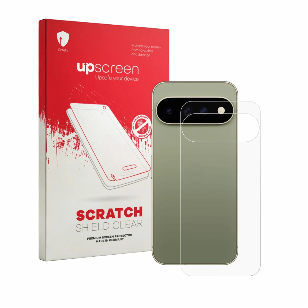 Parte frontal de un envase de producto con el logotipo de la marca upscreen. Al lado se muestra el dispositivo Google Pixel 11