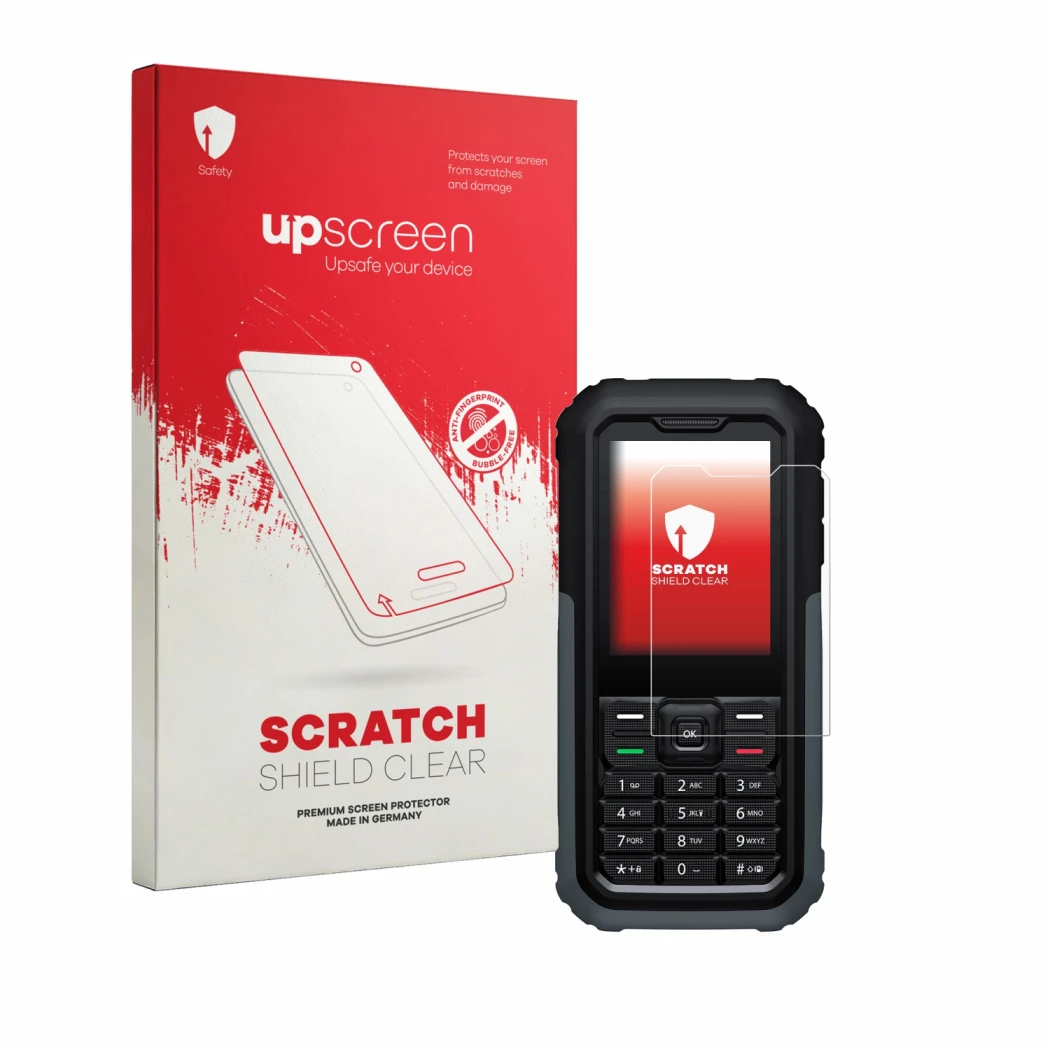 Parte frontal de un envase de producto con el logotipo de la marca upscreen. Al lado se muestra el dispositivo TCL OneTouch 50