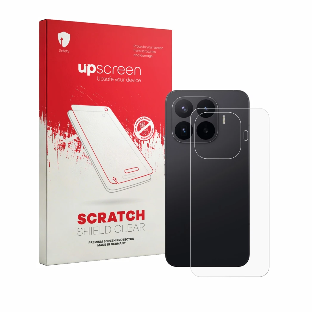 Parte frontal de un envase de producto con el logotipo de la marca upscreen. Al lado se muestra el dispositivo Xiaomi 17T Pro