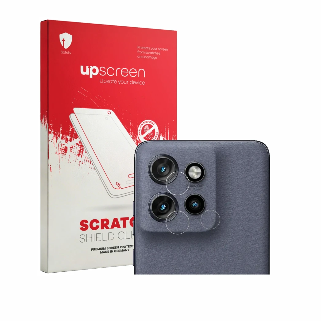 Parte frontal de un envase de producto con el logotipo de la marca upscreen. Al lado se muestra el dispositivo Motorola Edge 6