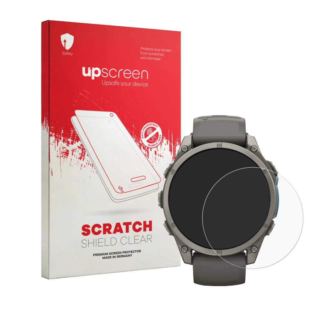 Parte frontal de un envase de producto con el logotipo de la marca upscreen. Al lado se muestra el dispositivo Garmin Fenix 9