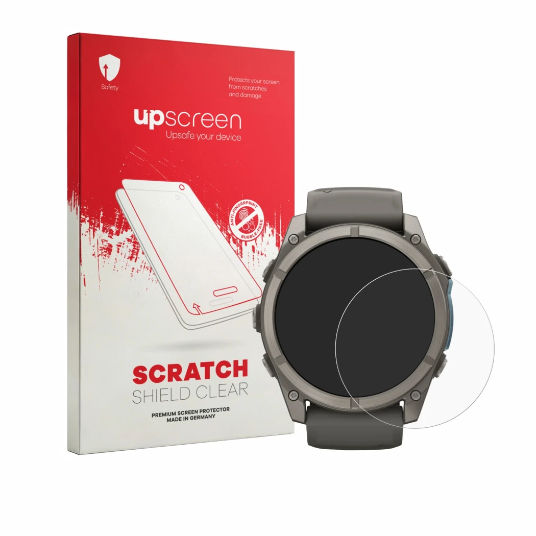 Parte frontal de un envase de producto con el logotipo de la marca upscreen. Al lado se muestra el dispositivo Garmin Fenix 9