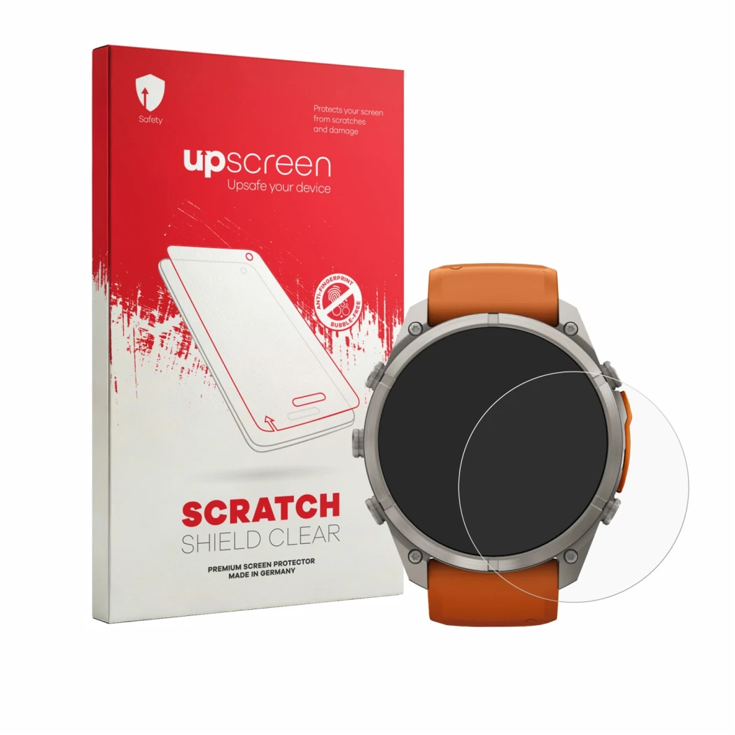 Parte frontal de un envase de producto con el logotipo de la marca upscreen. Al lado se muestra el dispositivo Garmin Fenix 9