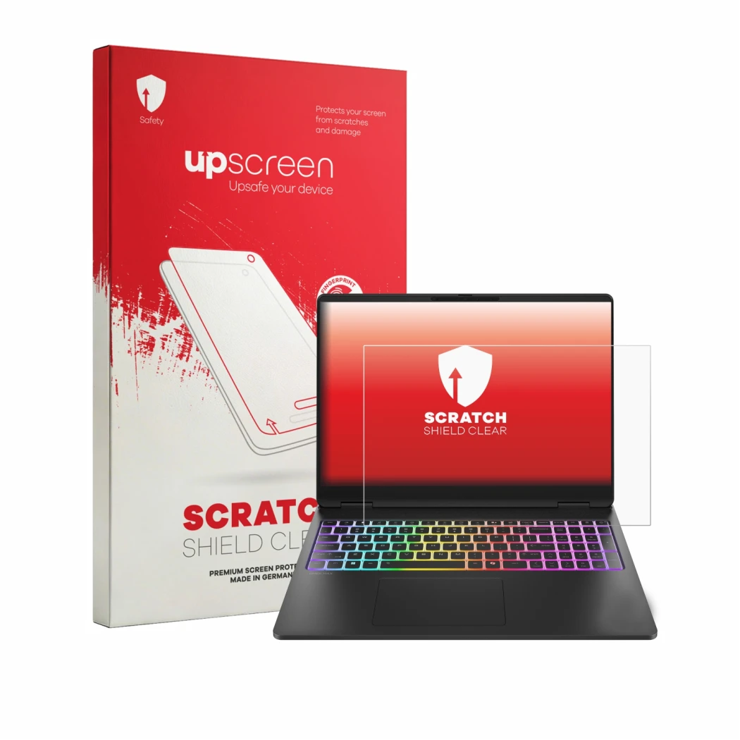 Parte frontal de un envase de producto con el logotipo de la marca upscreen. Al lado se muestra el dispositivo HP HyperX OMEN