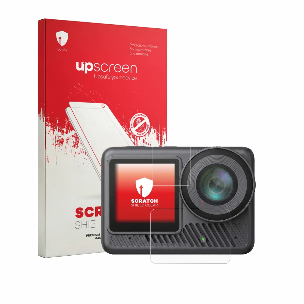 Parte frontal de un envase de producto con el logotipo de la marca upscreen. Al lado se muestra el dispositivo Akaso Brave 8 L