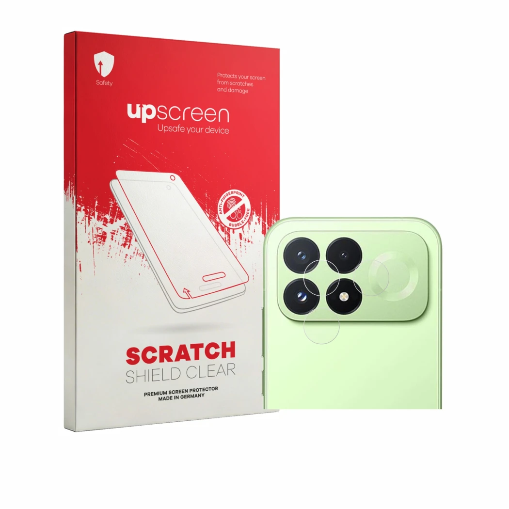 Parte frontal de un envase de producto con el logotipo de la marca upscreen. Al lado se muestra el dispositivo Xiaomi Poco F9