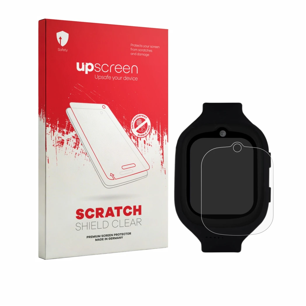 Parte frontal de un envase de producto con el logotipo de la marca upscreen. Al lado se muestra el dispositivo SoyMomo Space 4