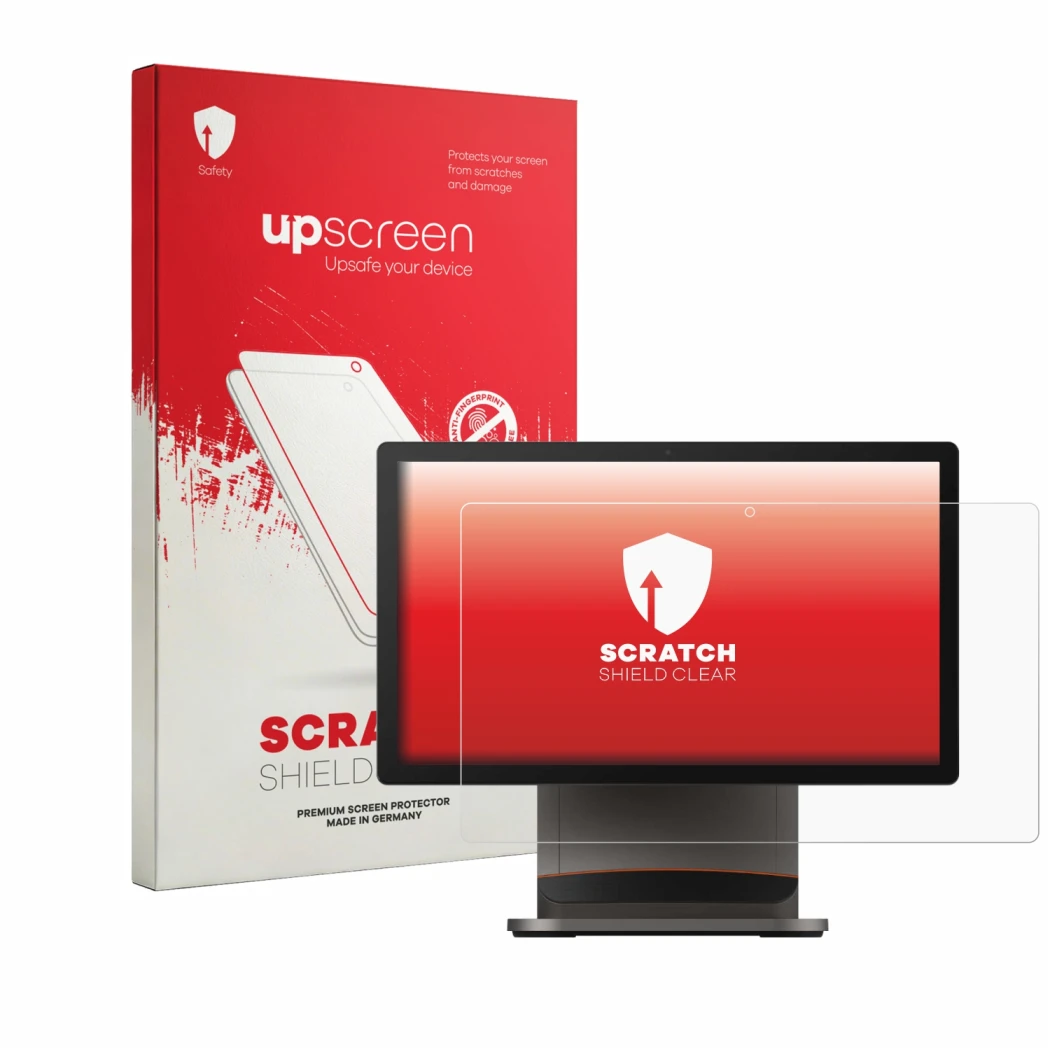 Parte frontal de un envase de producto con el logotipo de la marca upscreen. Al lado se muestra el dispositivo Sunmi T3 con su