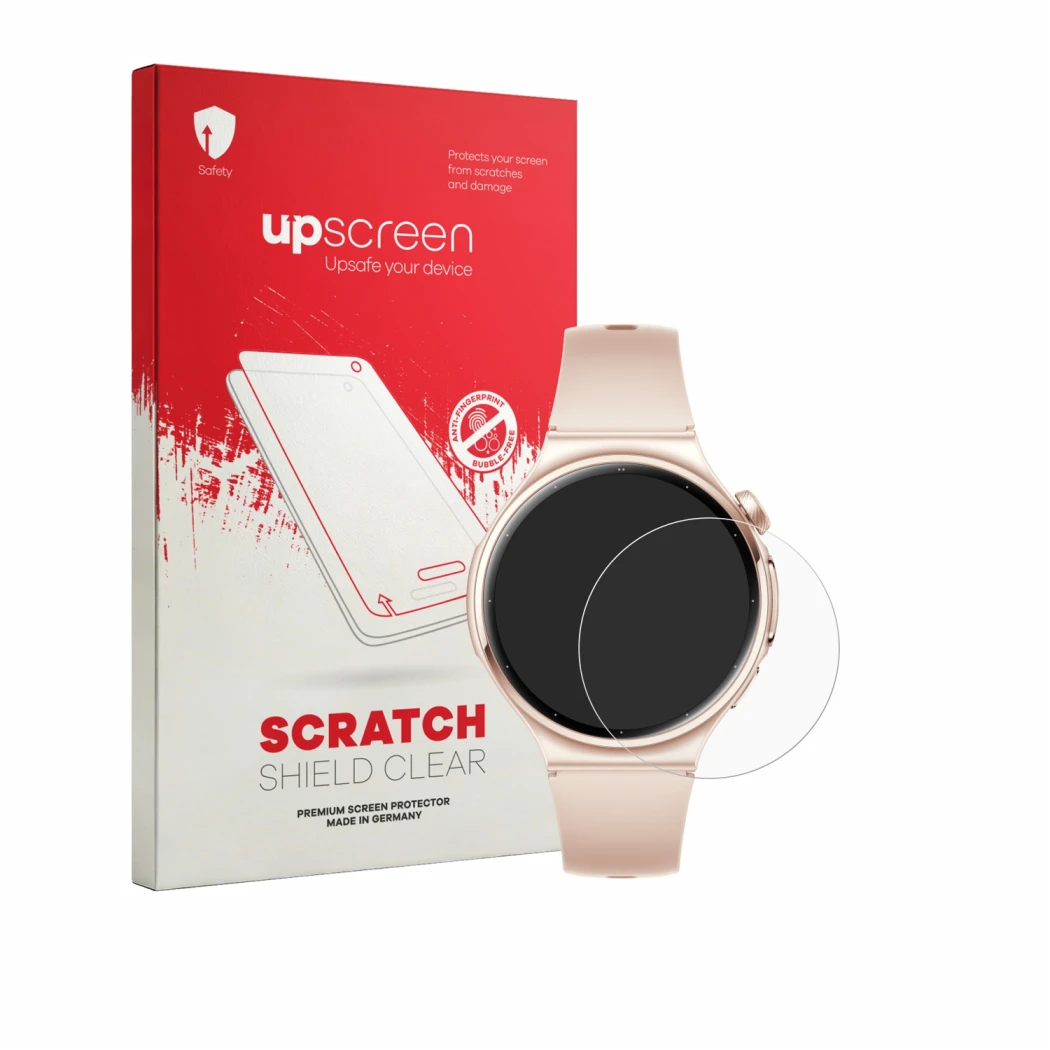 Parte frontal de un envase de producto con el logotipo de la marca upscreen. Al lado se muestra el dispositivo Huawei Watch 6