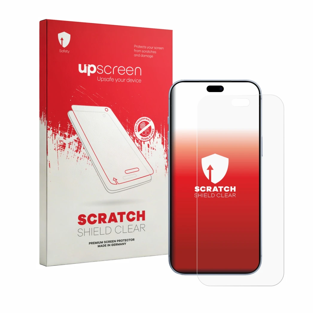 Parte frontal de un envase de producto con el logotipo de la marca upscreen. Al lado se muestra el dispositivo Apple iPhone 18