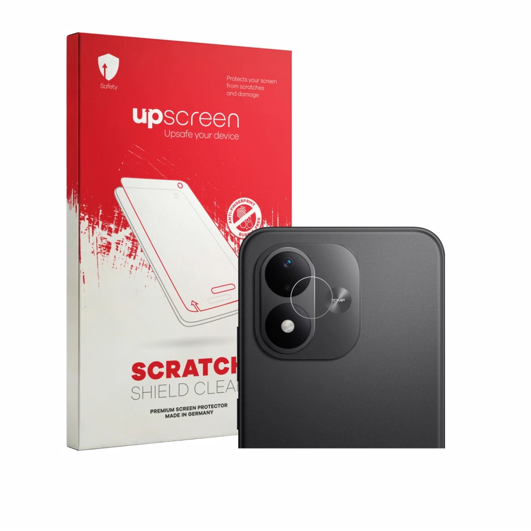 Parte frontal de un envase de producto con el logotipo de la marca upscreen. Al lado se muestra el dispositivo Xiaomi Redmi No