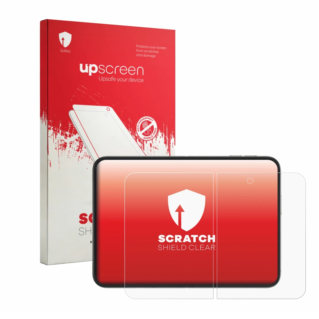 Parte frontal de un envase de producto con el logotipo de la marca upscreen. Al lado se muestra el dispositivo Apple iPhone Du