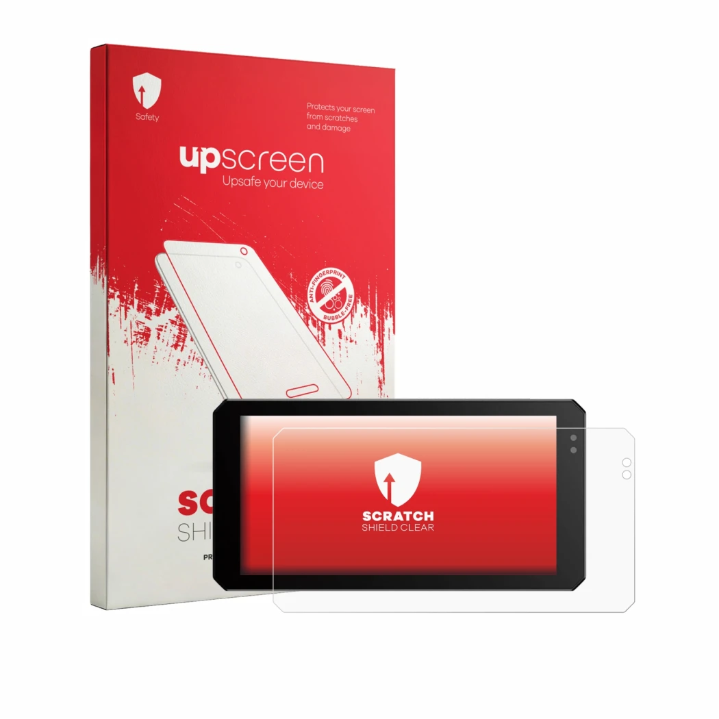 Parte frontal de un envase de producto con el logotipo de la marca upscreen. Al lado se muestra el dispositivo Jado S6 con su