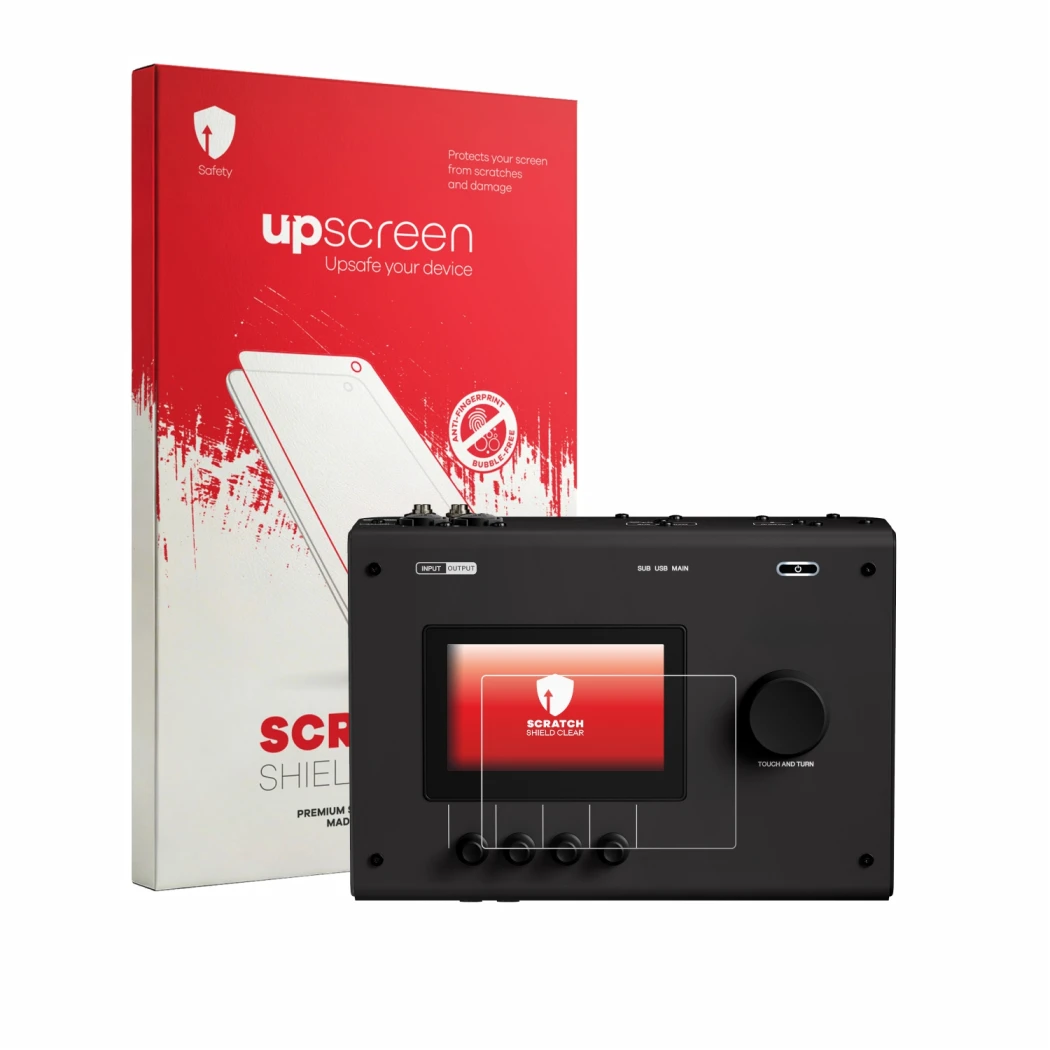 Parte frontal de un envase de producto con el logotipo de la marca upscreen. Al lado se muestra el dispositivo Yamaha URX22 co
