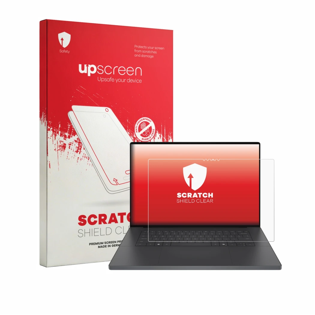Parte frontal de un envase de producto con el logotipo de la marca upscreen. Al lado se muestra el dispositivo Dell XPS 16 Cre
