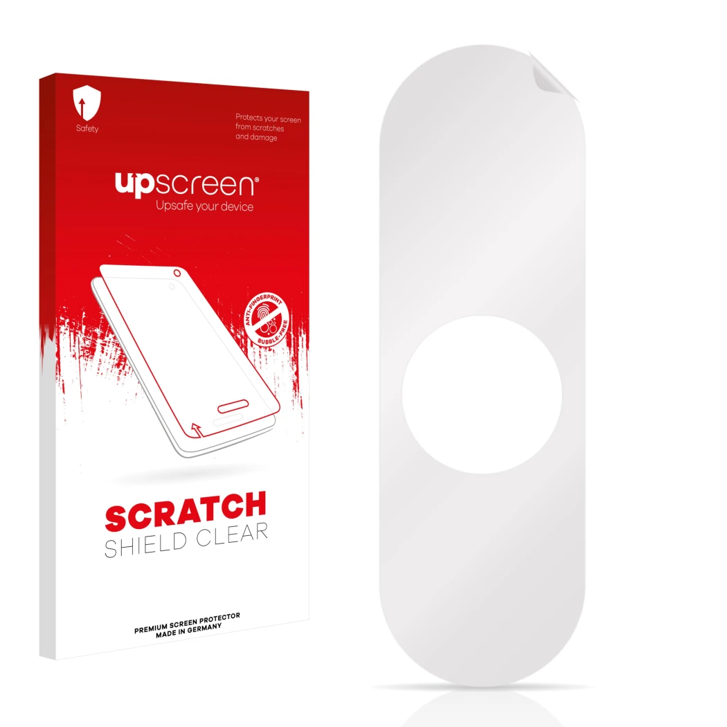 Parte frontal de un envase de producto con el logotipo de la marca upscreen. Al lado está el protector de pantalla correspondi