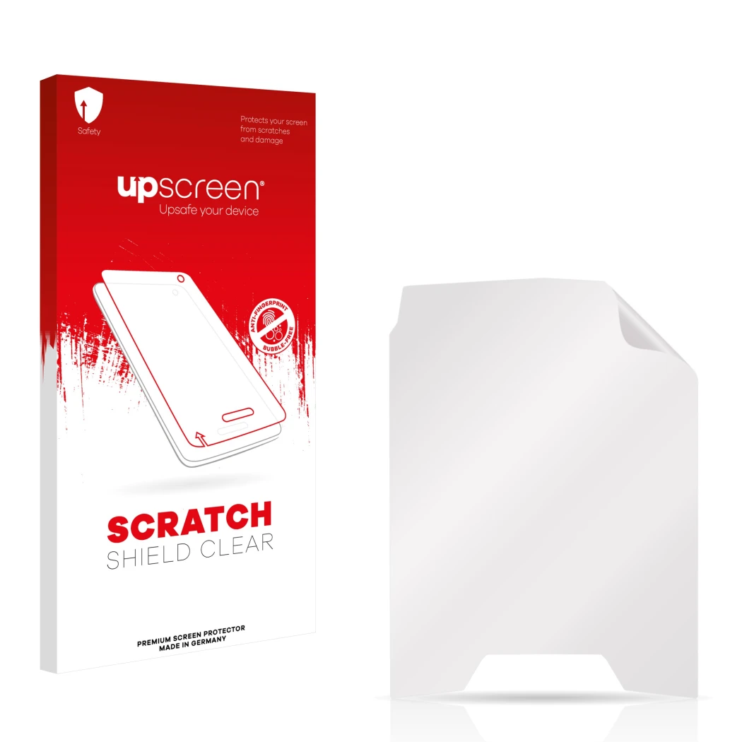 Parte frontal de un envase de producto con el logotipo de la marca upscreen. Al lado está el protector de pantalla correspondi