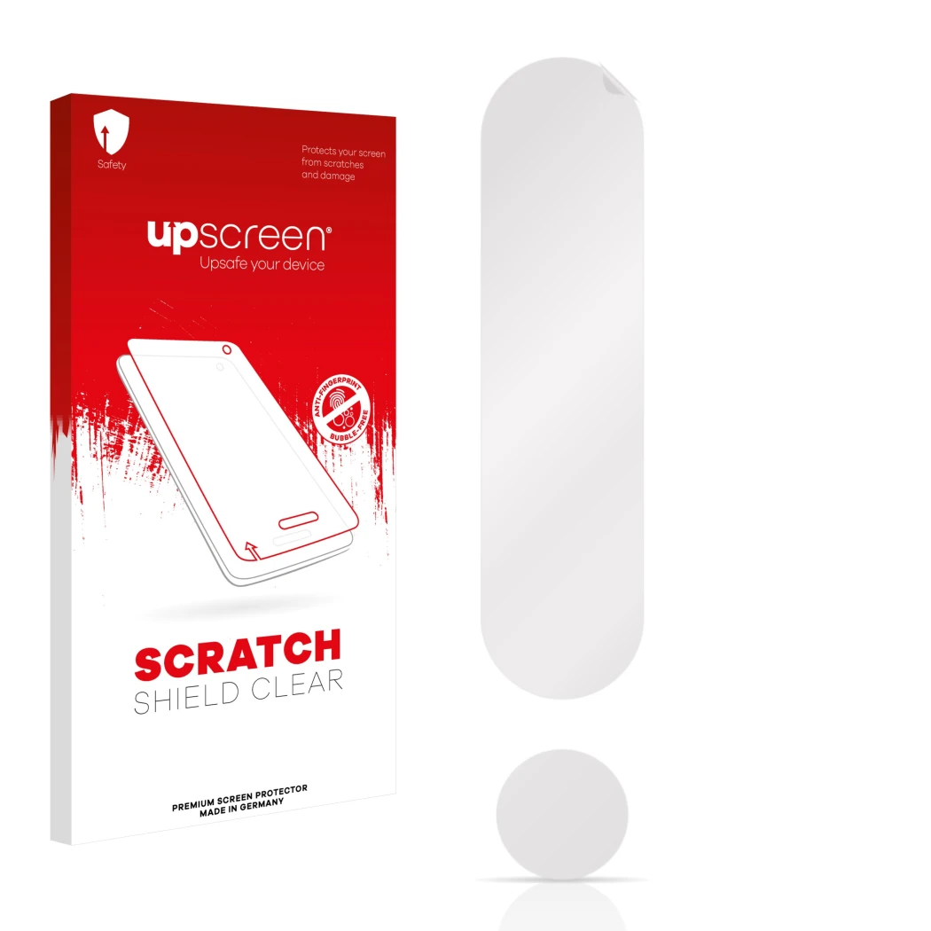 Parte frontal de un envase de producto con el logotipo de la marca upscreen. Al lado está el protector de pantalla correspondi