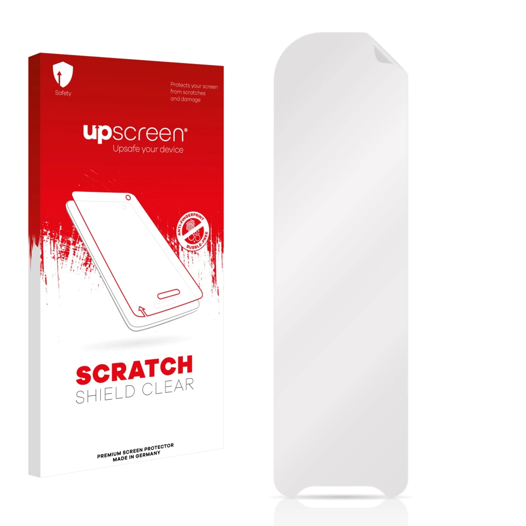 Parte frontal de un envase de producto con el logotipo de la marca upscreen. Al lado está el protector de pantalla correspondi