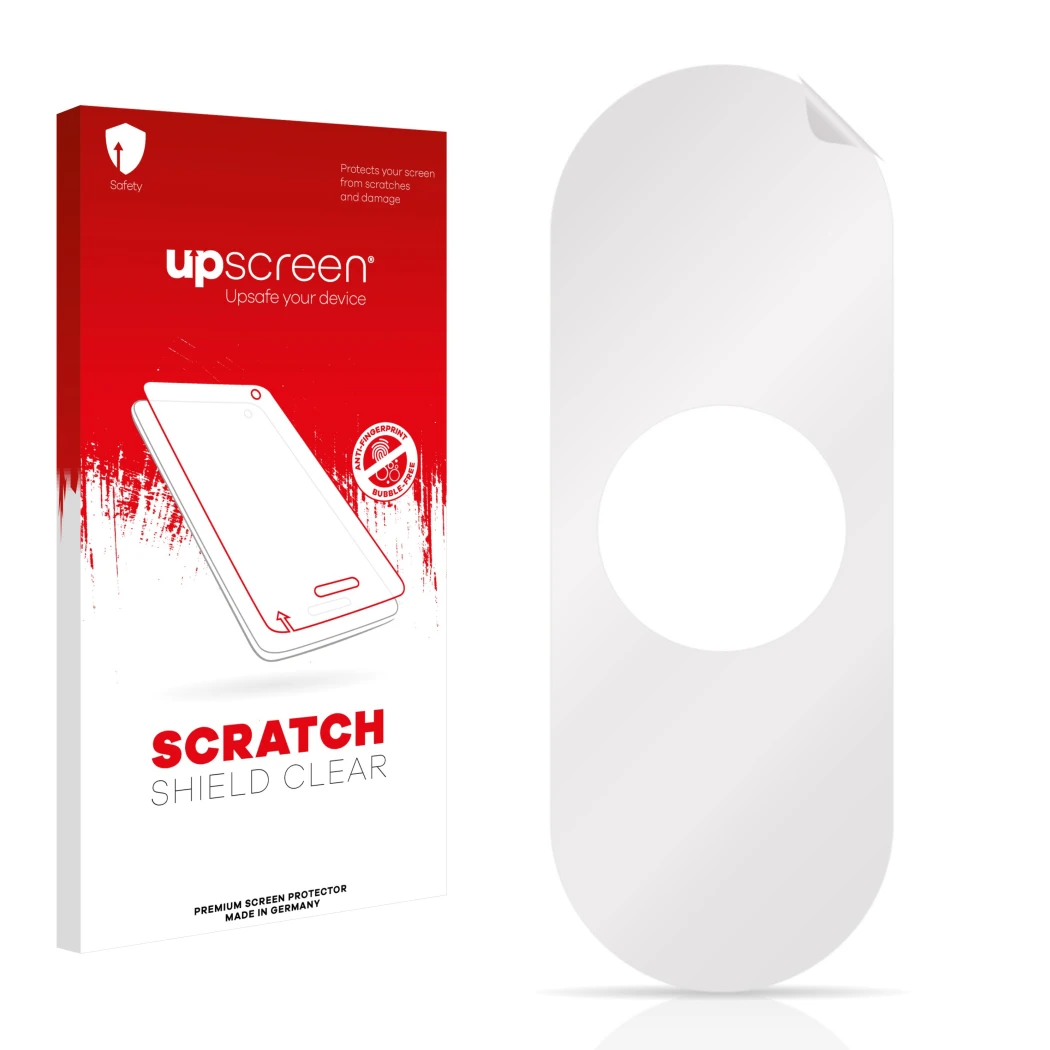 Parte frontal de un envase de producto con el logotipo de la marca upscreen. Al lado está el protector de pantalla correspondi