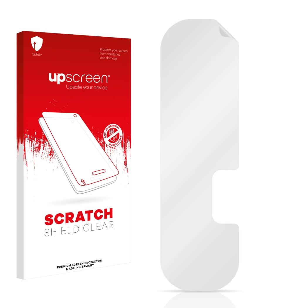Parte frontal de un envase de producto con el logotipo de la marca upscreen. Al lado está el protector de pantalla correspondi