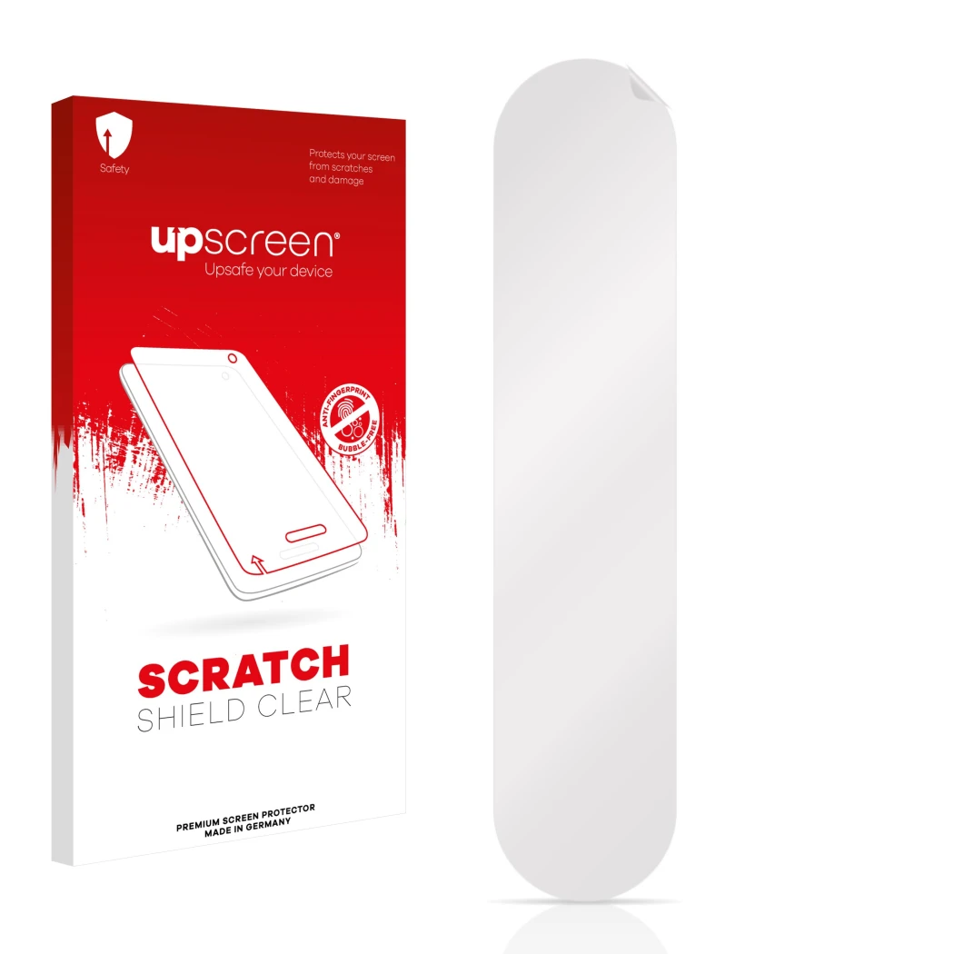 Parte frontal de un envase de producto con el logotipo de la marca upscreen. Al lado está el protector de pantalla correspondi